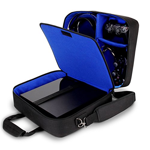 USA GEAR Console Carrying Case - PS4 Case Compatible with Playstation 4 Slim, PS4 Pro, and PS3 - Customizable Interior Stores PS4 Games, PS4 Controller, PS4 Headset, and More Gaming Accessories (Blue)