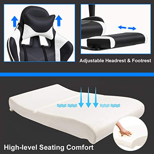 PC Gaming Chair Racing Office Chair Ergonomic Desk Chair Massage PU Leather Recliner Computer Chair with Lumbar Support Headrest Armrest Footrest Rolling Swivel Task Chair for Adults, White