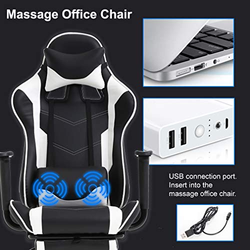 PC Gaming Chair Racing Office Chair Ergonomic Desk Chair Massage PU Leather Recliner Computer Chair with Lumbar Support Headrest Armrest Footrest Rolling Swivel Task Chair for Adults, White