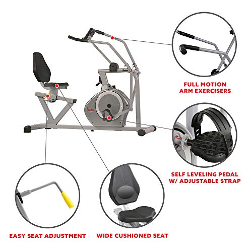 Sunny Health & Fitness Magnetic Recumbent Exercise Bike, 350lb High Weight Capacity, Cross Training, Arm Exercisers, Monitor, Pulse Rate Monitoring | SF-RB4708