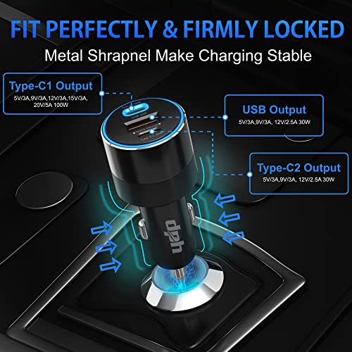 160W USB C Car Charger Emark Lightning Cable, DPH Type C Car Charger QC3.0 PD3.0, Metal 3 Port Super Fast Charging Car Adapter for iPhone 13/12/11 Pro Max, Samsung S22 S21 iPad MacBook Pro Air Laptop