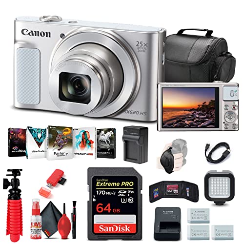 Canon PowerShot SX620 HS Digital Camera (Silver) (1074C001), 64GB Memory Card, 2 x NB13L Battery, Corel Photo Software, Charger, Card Reader, LED Light, Soft Bag + More (International Model)