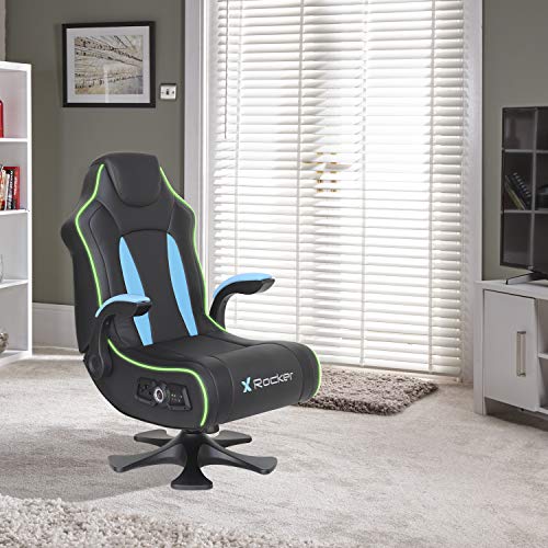 X Rocker, 5134201, CXR3 2.1 Dual Audio LED Gaming Chair with Flip-Up Arms, 32.1 x 24.8 x 40.55, Black/Teal/LED