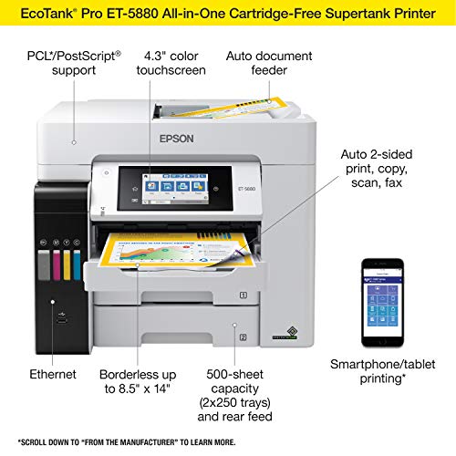 Epson EcoTank Pro ET-5880 Wireless Color All-in-One Supertank Printer with Scanner, Copier, Fax, Ethernet and PCL/Postscript