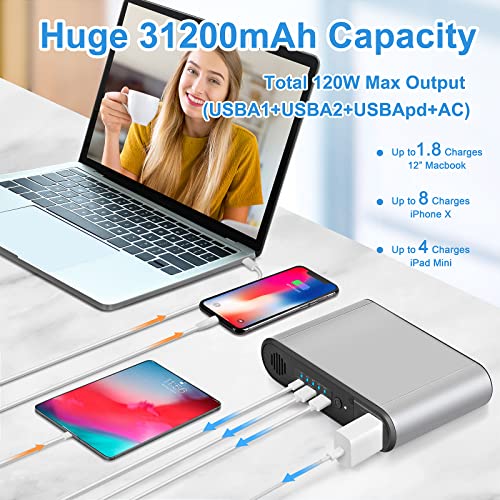 Portable Laptop Charger with AC Outlet,31200mAh/112wh,External Battery for Notebook Power Bank and Cell Phone,45W Fast Charging Port,QC3.0 USB Dual- Output for OutdoorTravel Office Battery Backup