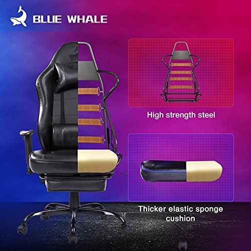 Blue Whale Massage Gaming Chair with Footrest, Racing PC Computer Office Chair Swivel Ergonomic Executive Leather Desk Chair and Adjustable Armrests