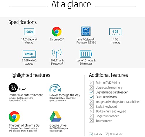 HP 14 14" HD Chromebook, Intel Celeron N3350 Dual-core, Intel HD Graphics 500, 4GB RAM 32GB eMMC, Bluetooth, Built-in Webcam, HDMI, Chrome OS, Snow White