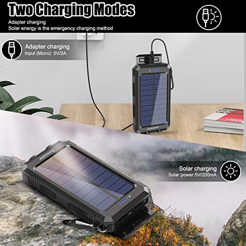 Solar Charger, Durecopow 20000mAh Portable Outdoor Waterproof Solar Power Bank, Camping External Backup Battery Pack Dual 5V USB Ports Output, 2 Led Light Flashlight with Compass (Black)