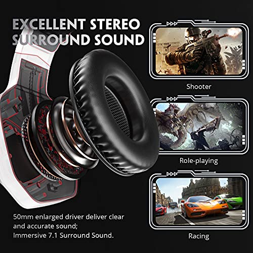 Gaming Headset for Xbox One PC PS5 PS4, VOYEE Noise Isolation Stereo Over Ear Game Headphones with Microphone/LED Light/Bass Surround/Soft Memory Earmuffs (White)