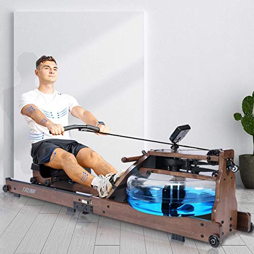 TRUNK Foldable Water Rowing Machine for Home Fitness, Classic Wood Water Rower with LCD Monitor Whole Body Exercise Cardio Training (Included an Dust Cover and Phone Holder)