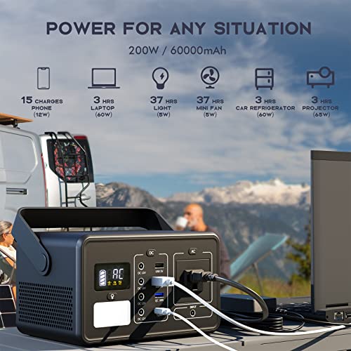 SZPOWER 222Wh Portable Power Station, 60000mAh Backup Lithium Battery, 110V/200W AC Outlet, Camping Solar Generator (Solar Panel Not Included) for Outdoors Travel Fishing Home Blackout Emergency
