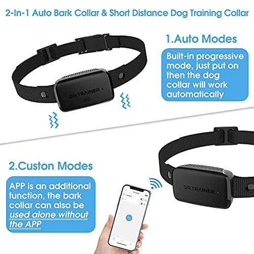 Dr.Trainer Bark Collar with APP/ Watch Control, Automatic No Shock No Pain Anti Bark Collar with Custom Sound/Vibration/Barking Report, Rechargeable Rainproof Smart Progressive Correction (B1Pro)