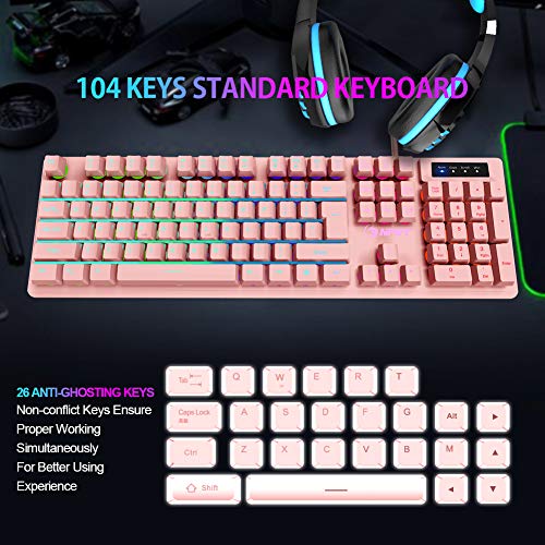 NPET K10 Gaming Keyboard, LED Backlit, Spill-Resistant Design, Multimedia Keys, Quiet Silent USB Membrane Keyboard for Desktop, Computer, PC (Pink)