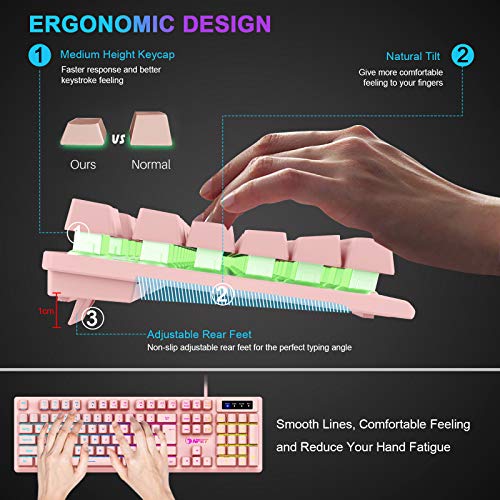 NPET K10 Gaming Keyboard, LED Backlit, Spill-Resistant Design, Multimedia Keys, Quiet Silent USB Membrane Keyboard for Desktop, Computer, PC (Pink)