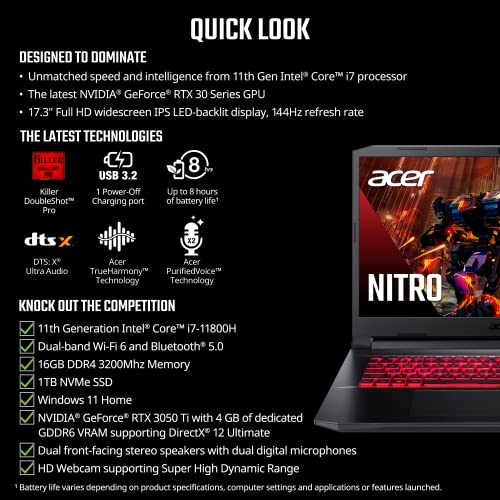 Acer Nitro 5 AN517-54-79L1 Gaming Laptop | Intel Core i7-11800H | NVIDIA GeForce RTX 3050Ti Laptop GPU | 17.3" FHD 144Hz IPS Display | 16GB DDR4 | 1TB NVMe SSD | Killer Wi-Fi 6 | Backlit KB | Win 11