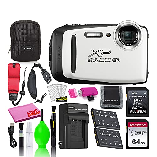 Fujifilm FinePix XP130 Waterproof Digital Camera (White) Accessory Bundle with 80GB SD Card + Small Camera Case + Extra Battery + Battery Charger + Floating Strap + More