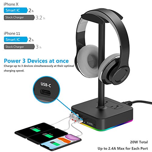 KAFRI RGB Headphone Stand with USB A&C Charger Desk Gaming Headset Holder Hanger Rack with 3 USB Charging Port and 2 Outlet - Suitable for Gamer Desktop Table Game Earphone Accessories Boyfriend Gifts