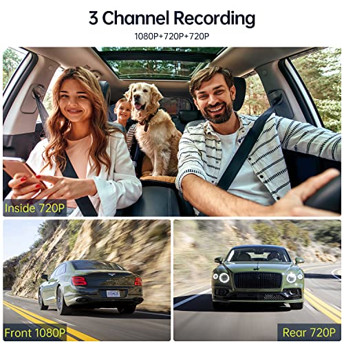 VSTARK 3 Channel Car Dash Cam with 64GB U3 SD Card, Car Camera - Dash Cam Front and Rear Inside of Loop Recording G-Sensor, Dash Camera Dashcam for Cars of Motion Detection 2 Mounting Options