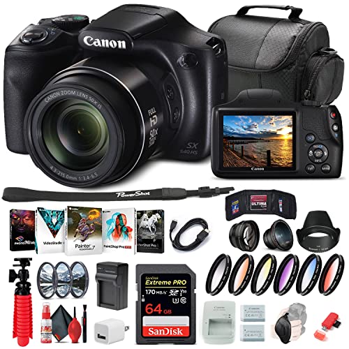 Canon PowerShot SX540 HS Digital Camera (1067C001), 64GB Memory Card, NB-6L Battery, Color Filter Kit, Filter Kit, Corel Photo Software, Charger, Card Reader, Wide Angle Lens + More