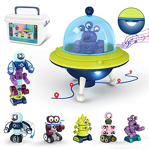 HOLYFUN Kid Magnetic Walking Musical Space Toy with 35PCS Stacking Blocks Building Robot, Storage Box, STEM Educational Electronic Flying Saucer and Magnetic Robot Gift for Children Toddler Boy Girl