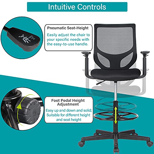 Drafting Chair Tall Office Chair, High Office Mesh Chair, Ergonomic Computer Rolling Chair, Standing Desk Stool with Adjustable Armrests and Foot-Ring