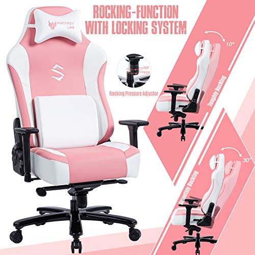 FANTASYLAB Big and Tall 400lb Massage Memory Foam Gaming Chair Adjustable Tilt, Back Angle and 3D Arms High-Back Leather Racing Executive Computer Desk Office Chair, Metal Base (Pink)