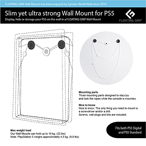 Playstation 5 Wall Mount Solution by FLOATING GRIP - Sleek Mounting Kit for Hanging PS5 Gaming Console on The Wall (Standard: Fits PS5, White)