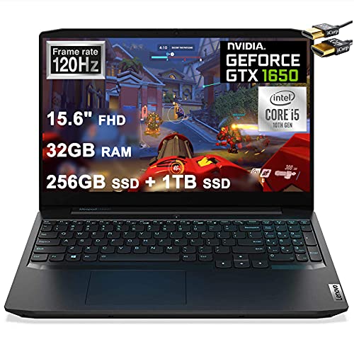 Lenovo Ideapad 3 Gaming Laptop 15.6" FHD IPS 120Hz Intel Quad-Core i5-10300H (Beats i7-8850H) 32GB DDR4 256GB SSD + 1TB SSD GTX 1650 4GB Backlit KB USB-C Dolby Win10 + HDMI Cable