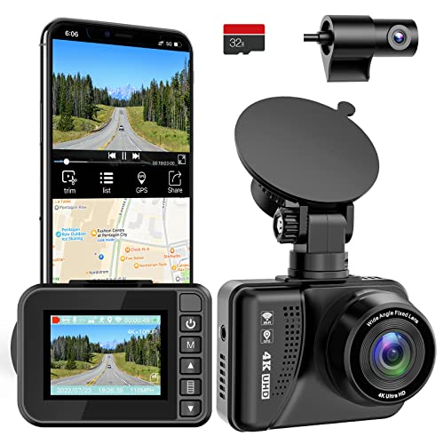 4K Dash Cam Front and Rear, Dual Dash Cam Built-in WiFi GPS Front 4K/2.5K Rear 1080P Dash Camera Car Dashboard Camera Recorder, Sony Sensor, Supercapacitor , Included 32GB Card, Support 256GB Max