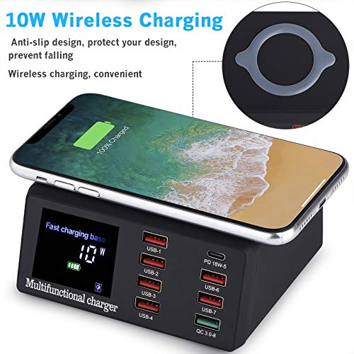 USB Charger, 100W 8-Port Desktop Charging Station Hub with Quick Charge QC 3.0 USB Port, with PD Fast Charger and LCD Display Wireless Charging Station