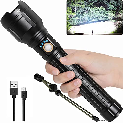 Rechargeable LED Flashlight, 150000 High Lumens Super Bright Powerful Flash Lights, LBE Handheld Large Tactical Flashlight Outdoor with Zoomable, 3 Modes, IPX7 Waterproof (Black)