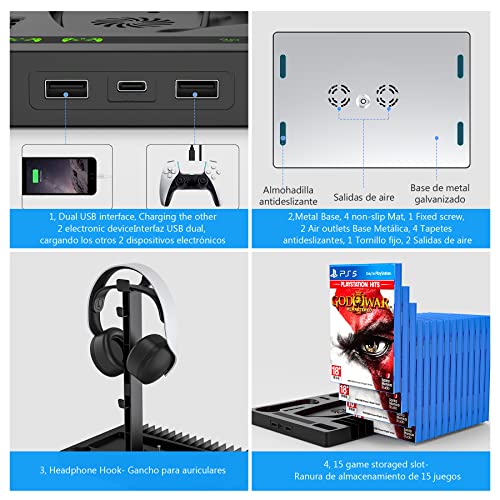 Vertical Stand with Cooling Fan, BSOON PS5 Accessories for PS5 Games & Playstation 5 Console, Built-in Headset Holder, Dual Controller Chargers, 15 Game Disc Slots and 1 Media Remote Organizer