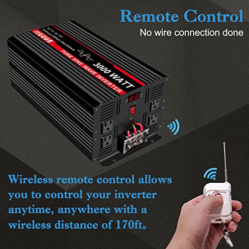 JIGUUN 3000 Watt Pure Sine Wave Inverter, Power Converter 12V DC to 110v/120v AC, Car Inverter with 4 AC Outlets&USB Port 170ft Wireless Remote Control for RV Camping Truck(3000W-12V)