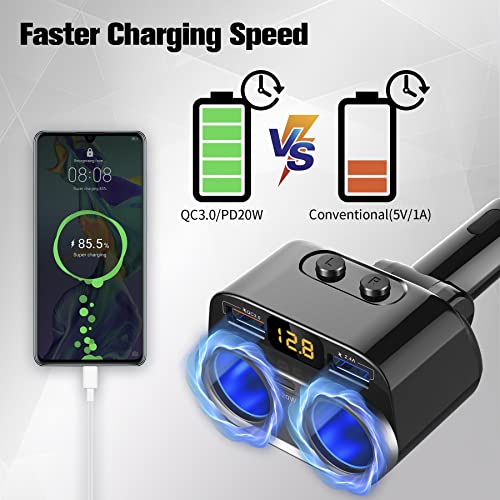 Amiss Car Cigarette Lighter Adapter, 150W/12V Electronic Front Splitter Sockets with PD/QC3.0 Dual USB C Fast Charge Ports, Phone Power Charger for Plug Outlet with Separate Switch LED Voltage Display