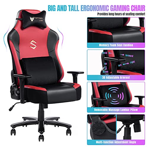 FANTASYLAB Big and Tall 400lb Massage Memory Foam Gaming Chair - Adjustable Tilt, Back Angle and 3D Arms High-Back Leather Racing Executive Computer Desk Office Chair, Metal Base (Red)