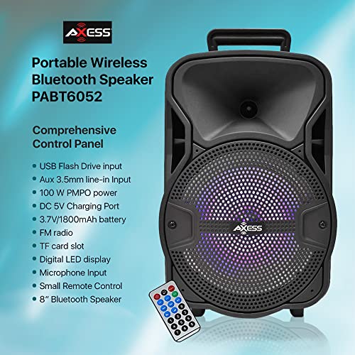 Axess Portable Wireless Bluetooth Speaker — 8" Woofer & 1.5" Tweeter – Boombox with Built-in LED Lights & Rich Bass, Loud Tower Speaker with Remote, USB, TF Card, Aux, FM & Mic Inputs – PABT6052