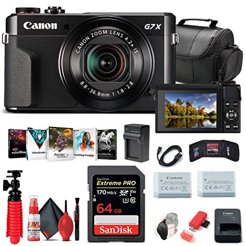 Canon PowerShot G7 X Mark II Digital Camera (1066C001), 64GB Card, NB13L Battery, Corel Photo Software, Card Reader, Soft Bag, Flex Tripod + More (International Model)