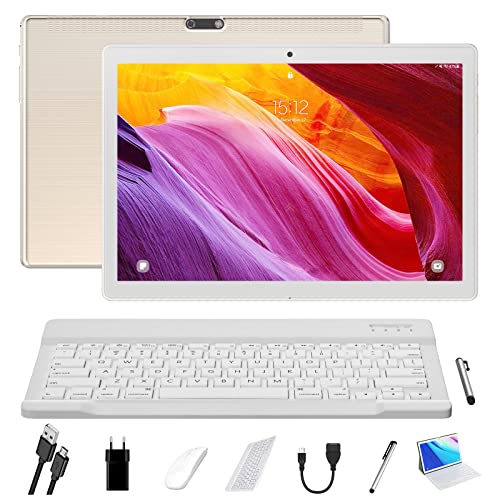 Android Tablet 10 Inch, 4GB RAM 64GB Storage, Android 10.0, Octa-Core Processor, Tablet with Keyboard, Large Battery, Dual Camera, Wi-Fi, Bluetooth, GPS, Mouse,Tablet Cover,LNMBBS Tablet,Gold