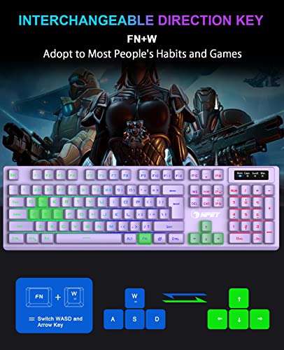 NPET K10 Gaming Keyboard, RGB Backlit, Spill-Resistant Design, Multimedia Keys, Quiet Silent USB Membrane Keyboard for Desktop, Computer, PC (Purple)