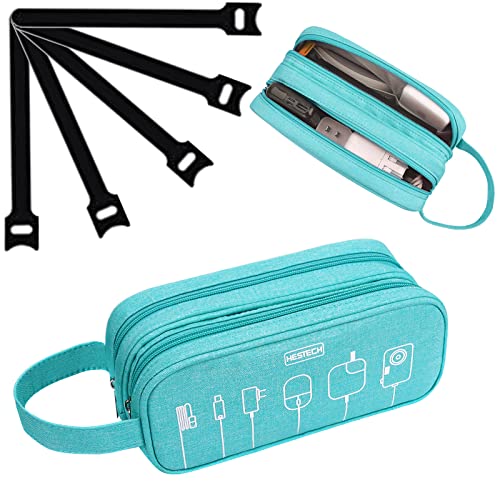 HESTECH Electronics Organizer,Cable Case,Travel Accessories Storage Bag Portable Waterproof Double Layers Pouch for Cord,Charger,Hard Drives,Flash Drive,Phone,SD Card,USB,With 5PCS Cables Ties,Teal