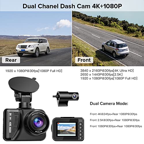 4K Dash Cam Front and Rear, Dual Dash Cam Built-in WiFi GPS Front 4K/2.5K Rear 1080P Dash Camera Car Dashboard Camera Recorder, Sony Sensor, Supercapacitor , Included 32GB Card, Support 256GB Max