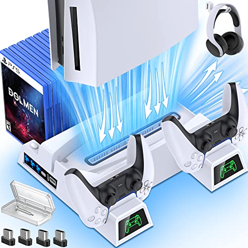 PS5 Stand Cooling Station with 13 Game Storage,Dual Fast PS5 Controller Charging Station with Cooling Fan, PS5 Cooling System PS5 Accessories Vertical Stand for Sony Playstation 5 Digital/Disc Edition