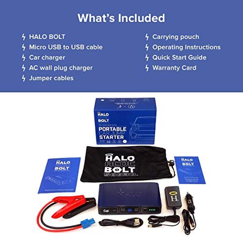 HALO Bolt 58830 mWh Portable Phone Laptop Charger Car Jump Starter with AC Outlet and Car Charger - Black Graphite