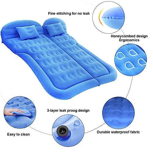 SUV Air Mattress Car Camping Travel Bed- Inflatable Thickened Car Air Bed with Electric Air Pump Portable Sleeping Pad Mattress for Travel Camping Upgraded Version (Blue)