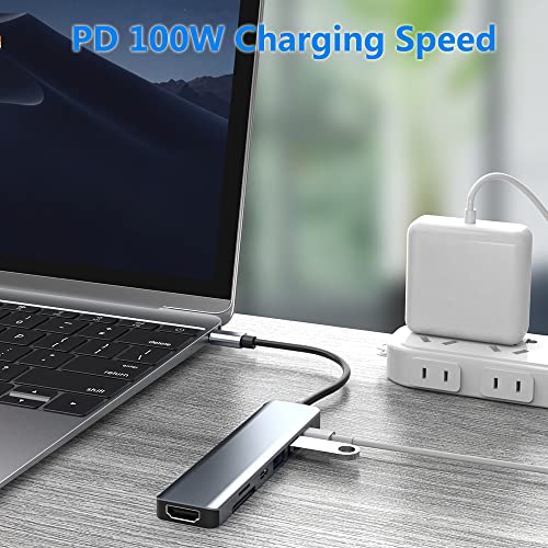 USB C Hub Multiport 6 in 1 USB C Adapter with 4K HDMI, SD/TF Card Reader, USB 3.0/2.0 Ports, Type C 100W PD Quick Charging Compatible for MacBook Pro and More Type C Laptop Devices