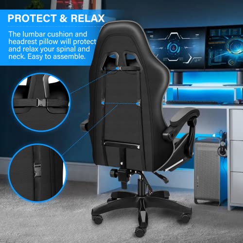 YSSOA FNGAMECHAIR01 Gaming Office High Back Computer Ergonomic Adjustable Swivel Chair with Headrest and Lumbar Support, with footrest, Black/Grey