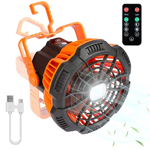 Portable Camping Fan for Tents with Light, LED Camping Lantern with Ceiling Fan, Remote Control, Power Bank, 180°Head Rotation, Rechargeable USB Fan, Orange