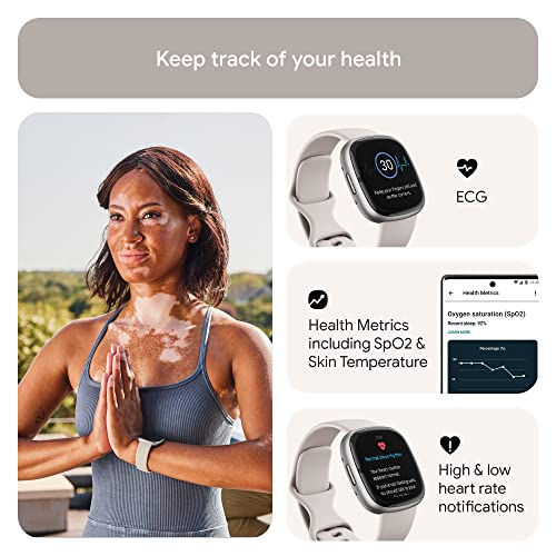 Fitbit Sense 2 Advanced Health and Fitness Smartwatch with Tools to Manage Stress and Sleep, ECG App, SpO2, 24/7 Heart Rate and GPS, Lunar White/Platinum, One Size (S & L Bands Included)