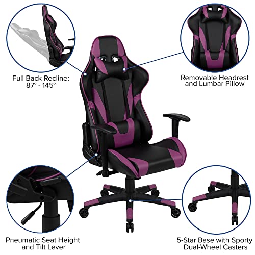 Flash Furniture X20 Gaming Chair Racing Office Ergonomic Computer PC Adjustable Swivel Chair with Fully Reclining Back in Purple LeatherSoft