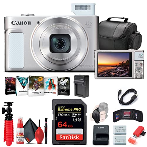 Canon PowerShot SX620 HS Digital Camera (White) (1074C001), 64GB Memory Card, NB13L Battery, Corel Photo Software, Charger, Card Reader, Soft Bag, Flex Tripod + More (International Model)